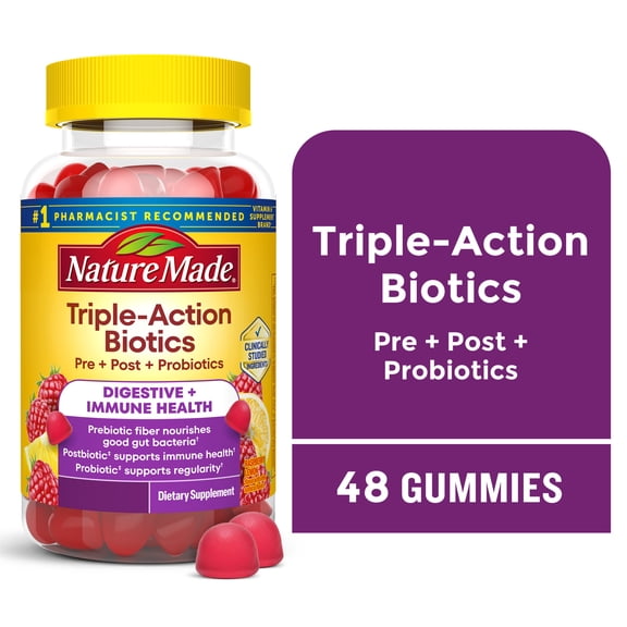 Nature Made Triple-Action Biotics, Prebiotic Fiber + Postbiotic + Probiotic Gummies, 48 Count