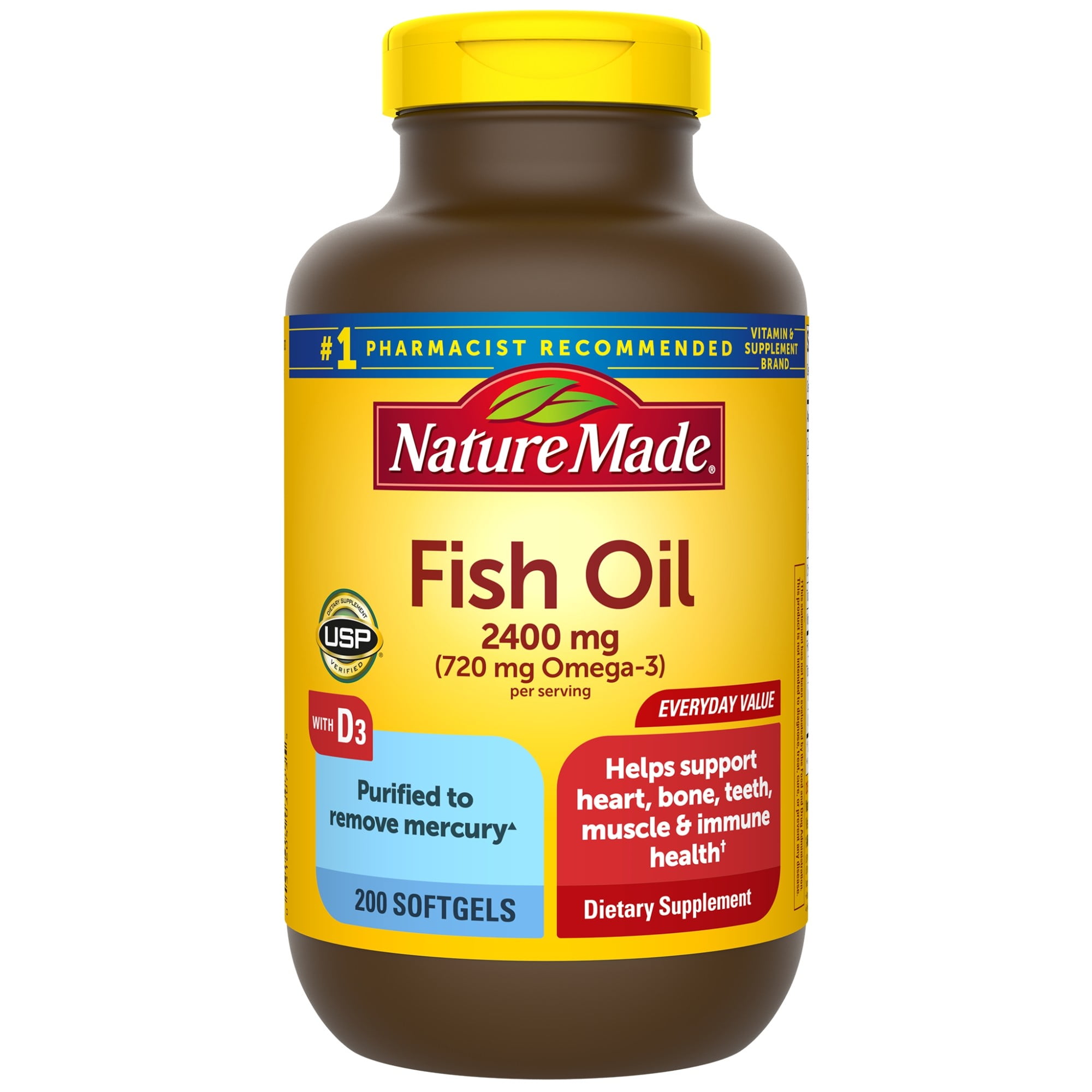 Nature Made Fish Oil 2400 mg + Vitamin D3 2000 IU (50 mcg) Softgels, 200 Count for Heart Health