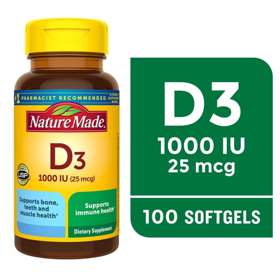 Nature Made Vitamin D3 1000 IU (25 mcg) Softgels, Vitamin D Dietary Supplement, 100 Count
