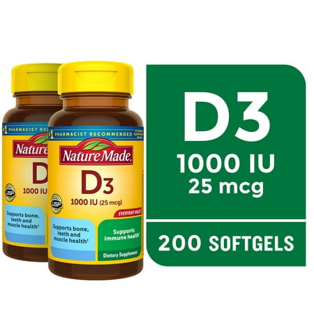 Nature Made Vitamin D3 1000 IU (25 mcg) Softgels, Dietary Supplement for Bone and Immune Health Support, 200 Count, Twin Pack