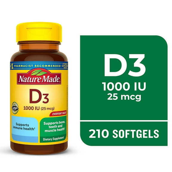 Nature Made Vitamin D3 1000 IU (25 mcg) Softgels, Dietary Supplement for Bone and Immune Health Support, 210 Count
