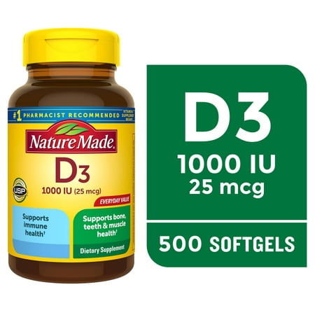 Nature Made Vitamin D3 1000 IU (25 mcg) Softgels, Dietary Supplement for Bone and Immune Health Support, 500 Count