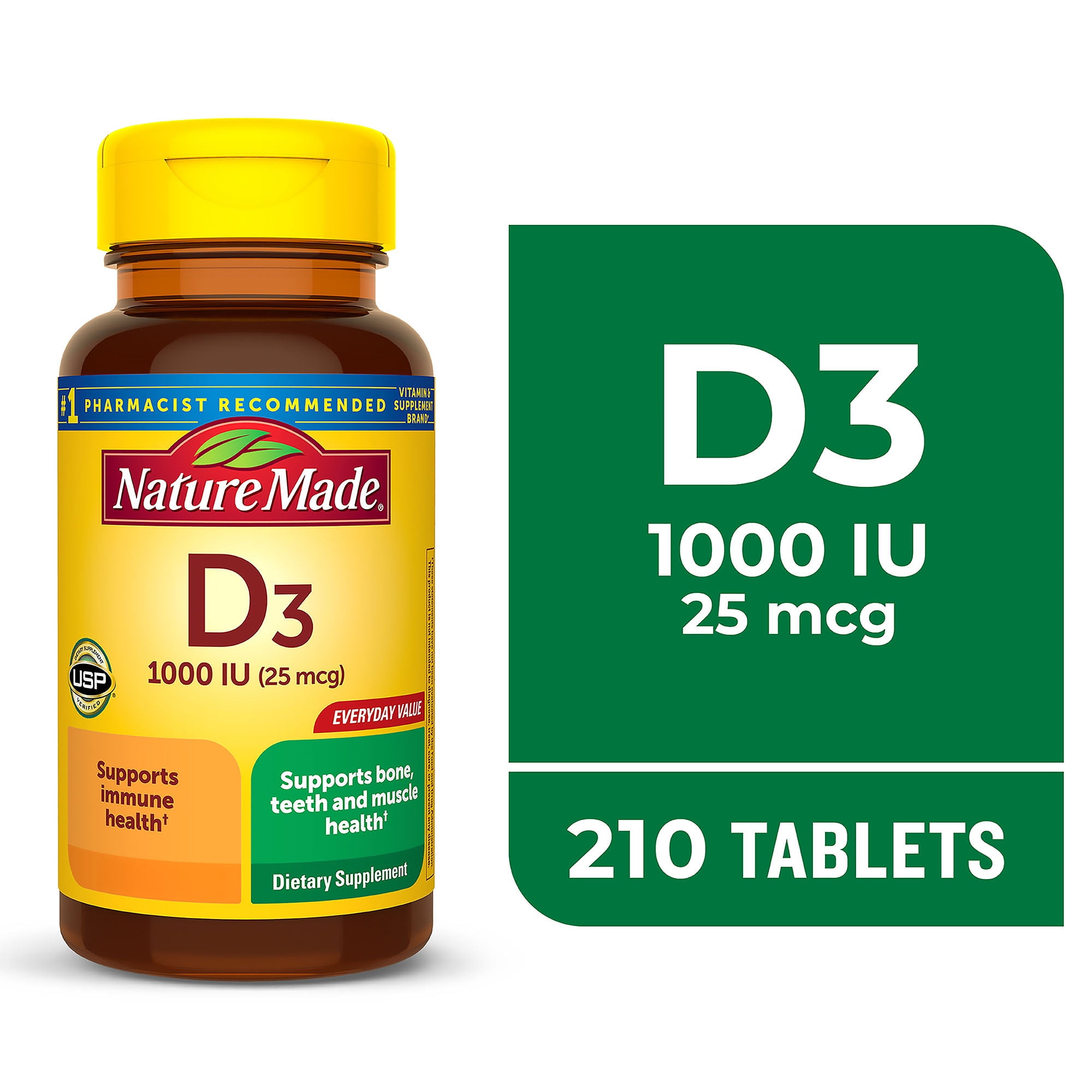 Nature Made Vitamin D3 1000 IU (25 Mcg) Tablets, Dietary Supplement, 210 Count