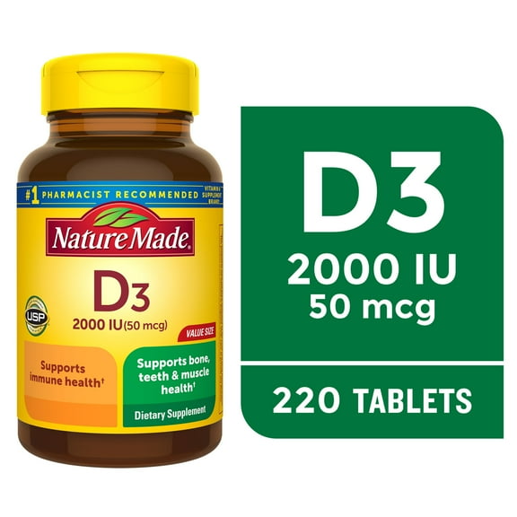 Nature Made Vitamin D3 2000 IU (50 mcg) Tablets, Vitamin D Supplement for Bone and Immune Health Support, 220 Count