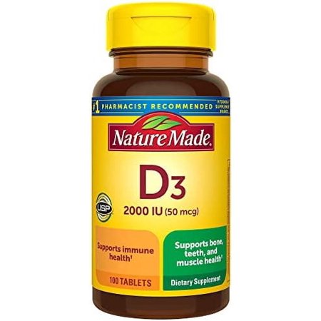 Nature Made Vitamin D3 2000 IU (50 mcg), Dietary Supplement for Bone, Teeth, Muscle and Immune Health Support, 100 Tablets, 100 Day Supply