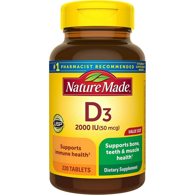 Nature Made Vitamin D3 2000 IU (50 mcg), Dietary Supplement for Bone, Teeth, Muscle and Immune Health Support, 220 Tablets, 220 Day Supply