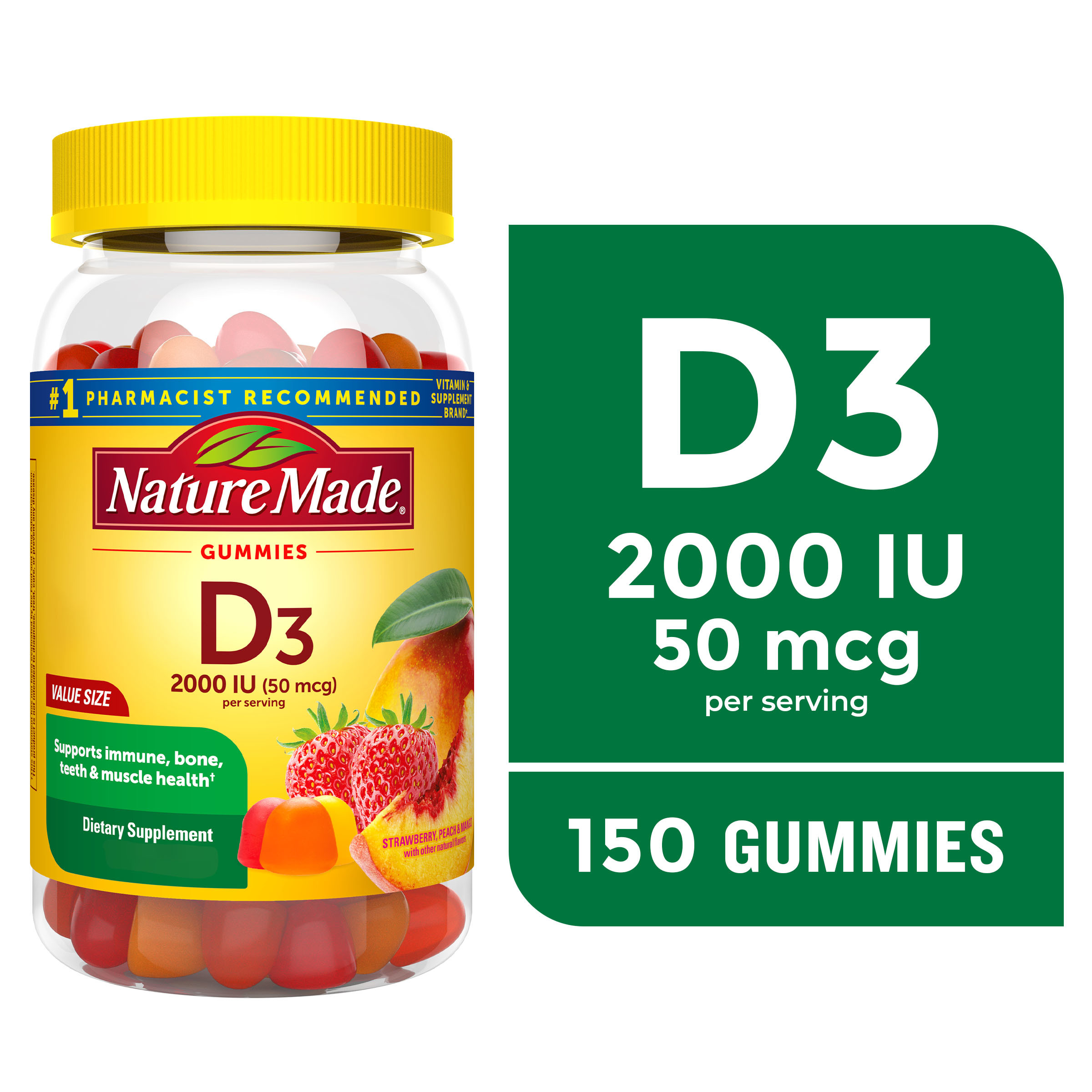 Nature Made Vitamin D3 2000 IU (50 mcg) Per Serving Gummies, Dietary Supplement for Bone and Immune Health Support, 150 Count - image 1 of 15