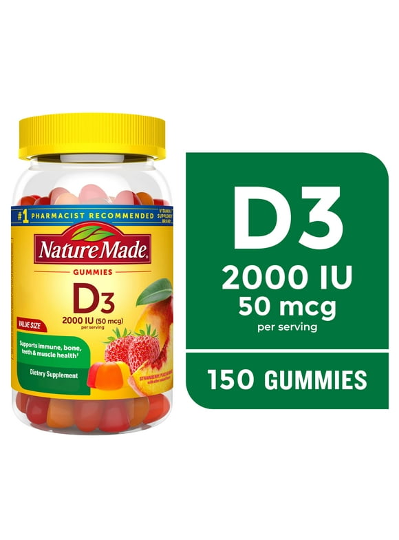Nature Made Vitamin D3 2000 IU (50 mcg) Per Serving Gummies, Dietary Supplement for Bone and Immune Health Support, 150 Count