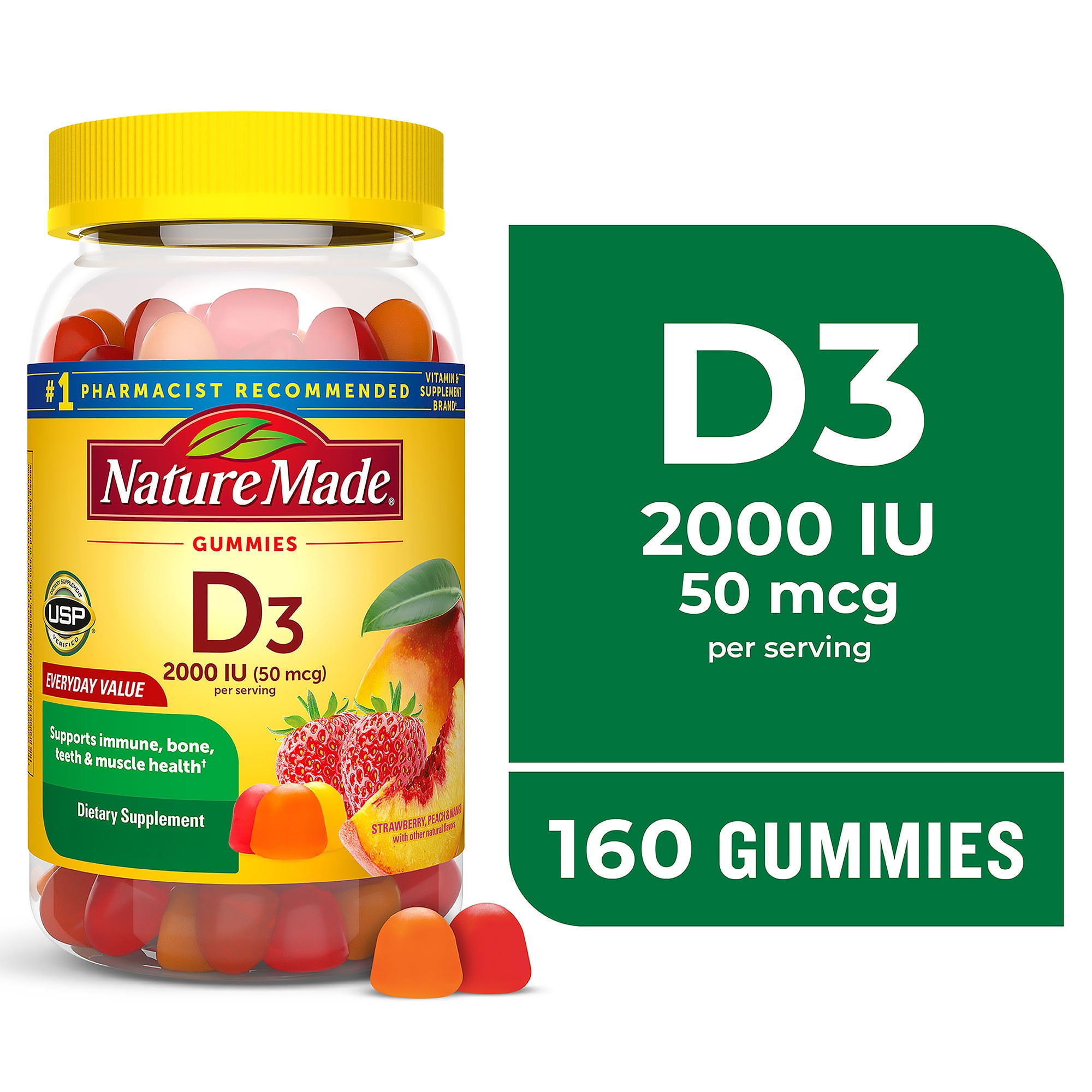 Nature Made Vitamin D3 2000 IU (50 Mcg) per Serving Gummies, Dietary Supplement, 160 Count