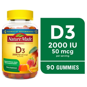 Nature Made Vitamin D3 2000 IU (50 mcg) Per Serving Gummies, Dietary Supplement for Bone and Immune Health Support, 90 Count