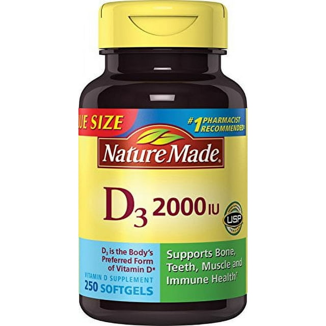 Nature Made Vitamin D3 2000 IU (50 mcg) Softgels, 250 Count Everyday Value Size for Bone Health
