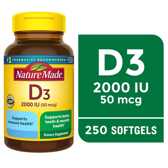 Nature Made Vitamin D3 2000 IU (50 mcg) Softgels, Vitamin D Supplement for Bone and Immune Health Support, 250 Count