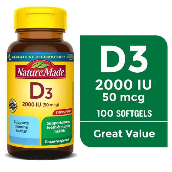 Nature Made Vitamin D3 2000 IU (50 mcg) Softgels, Vitamin D Dietary Supplement, 100 Count
