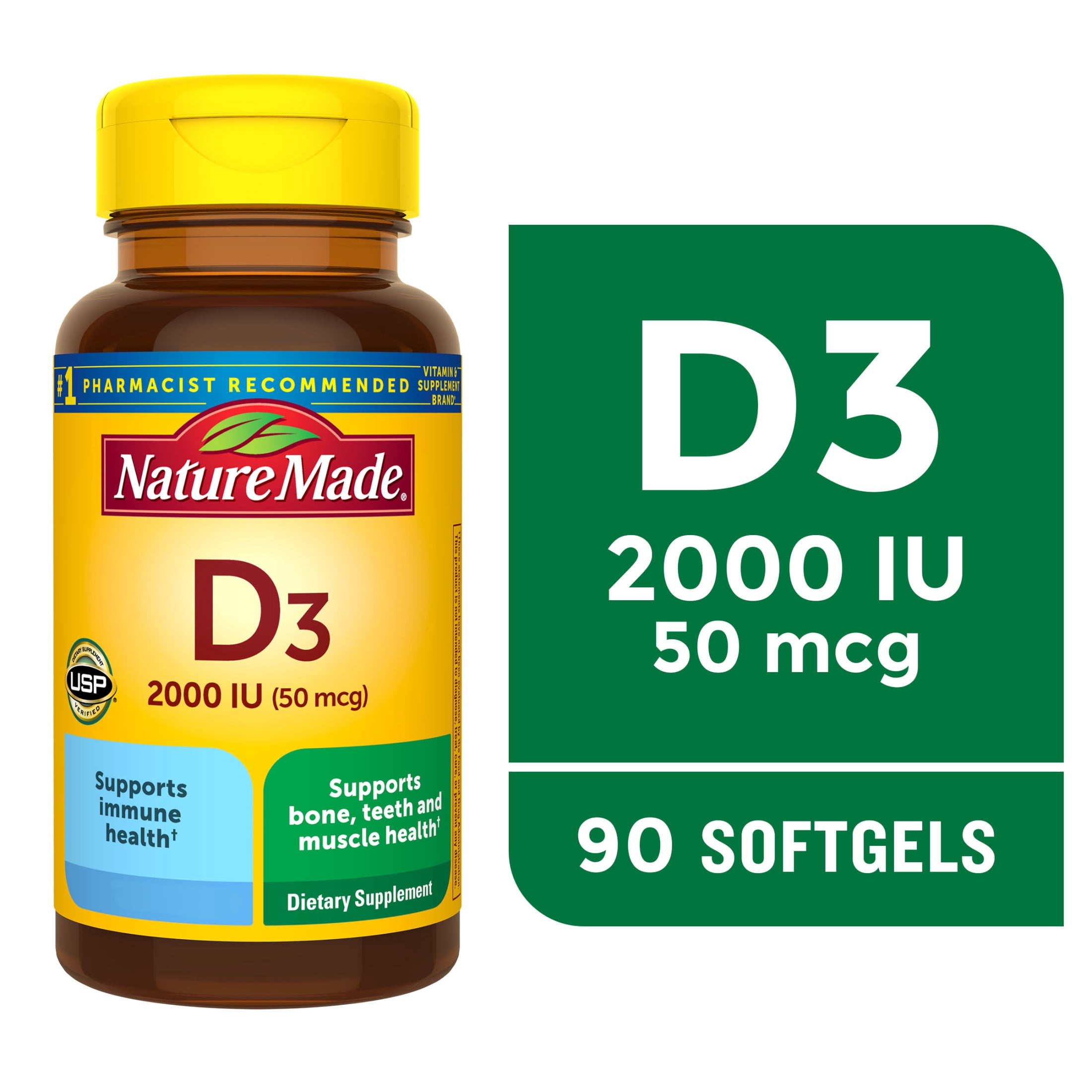 Nature Made Vitamin D3 2000 IU (50 mcg) Softgels, Vitamin D Supplement for Bone and Immune Health Support, 90 Count