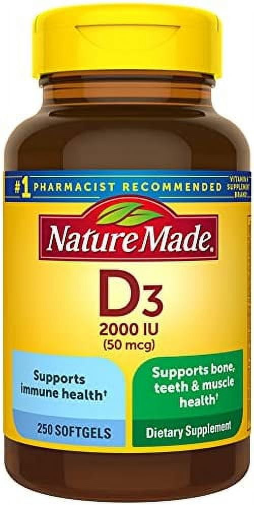 Nature Made Vitamin D3, 250 Softgels, Vitamin D 2000 IU (50 mcg) Helps Support Immune Health, Strong Bones and Teeth, & Muscle Function, 250% of the Daily Value for Vitamin D in One Daily Softgel