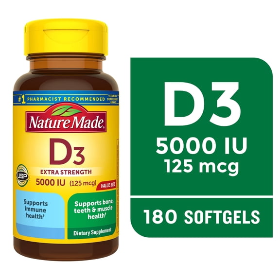 Nature Made Extra Strength Vitamin D3 5000 IU (125 mcg) Softgels, Dietary Supplement, 180 Count