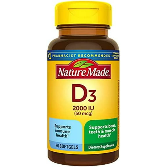 Nature Made Vitamin D3, 90 Softgels, Vitamin D 2000 IU (50 mcg) Helps Support Immune Health, Strong Bones and Teeth, & Muscle Function, 250% of the Daily Value for Vitamin D in One Daily Softgel
