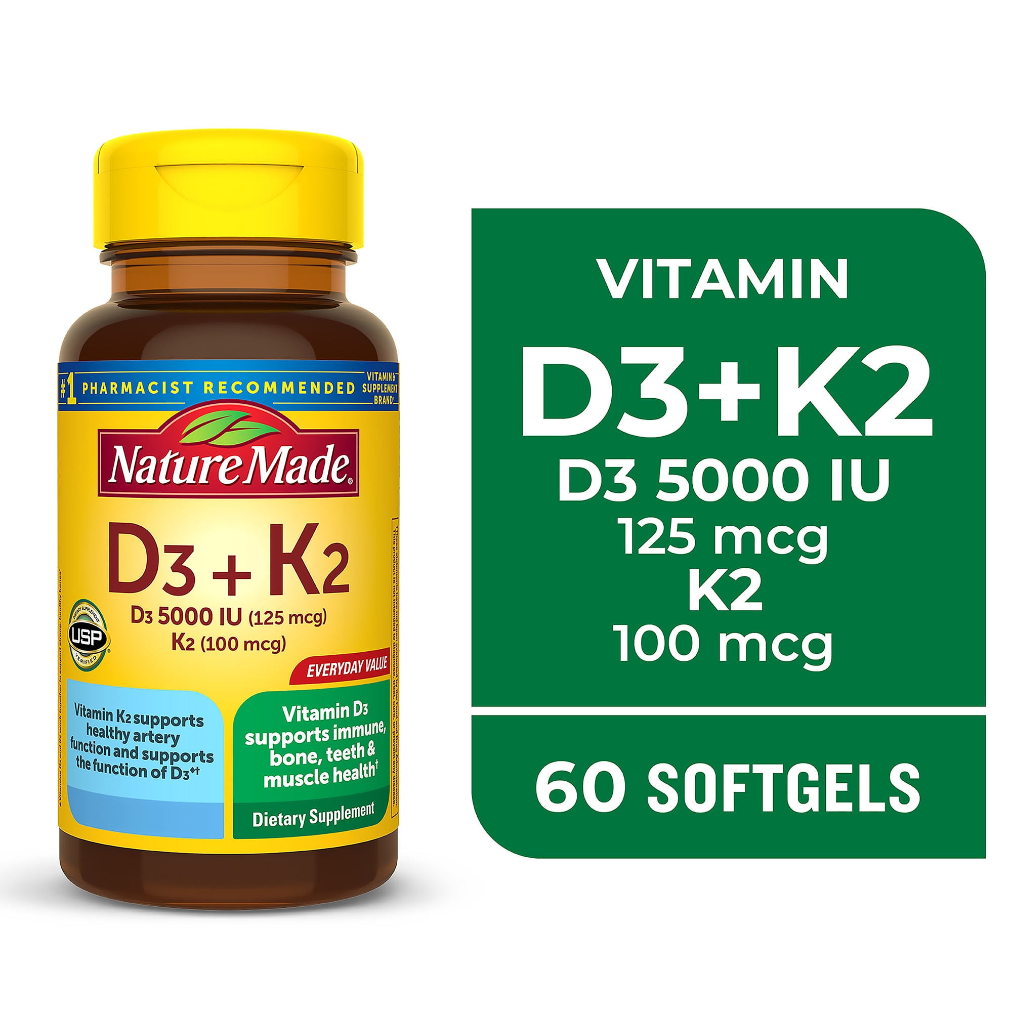 Nature Made Vitamin D3 K2, 5000 IU (125 Mcg) Vitamin D Softgels, Dietary Supplement, 60 Count