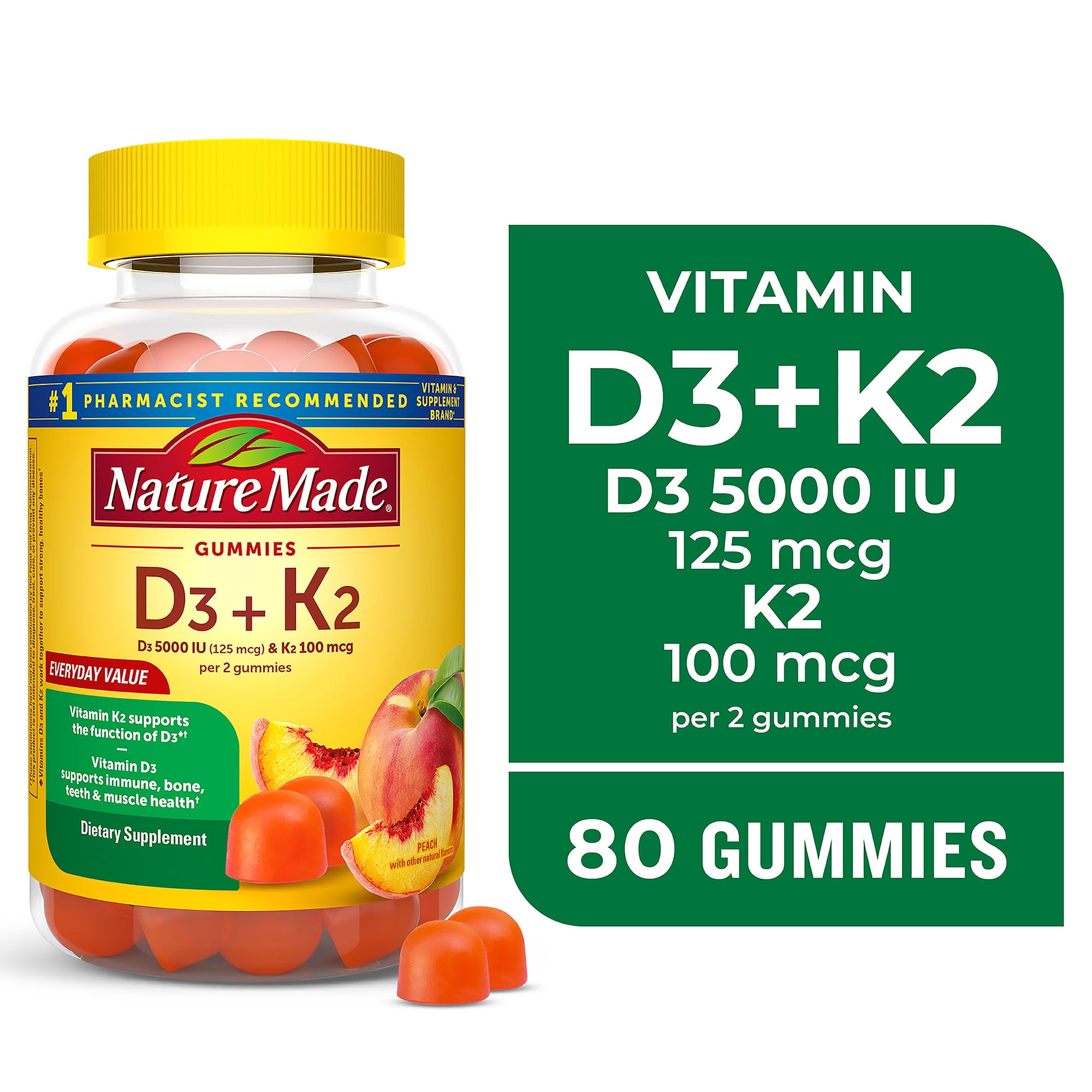 Nature Made Vitamin D3 K2 Gummies, Vitamin D for Bone, Muscle & Immune Support, 80 Count