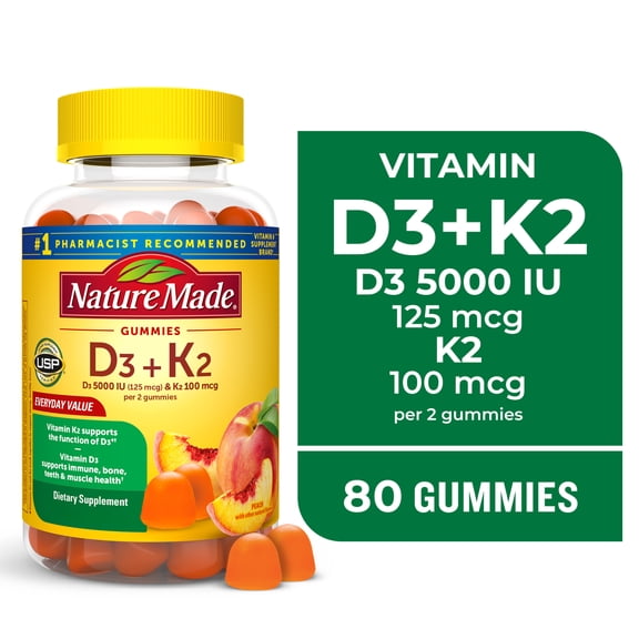 Nature Made Vitamin D3 K2 Gummies, Vitamin D 5000 IU per Serving, 80 Count