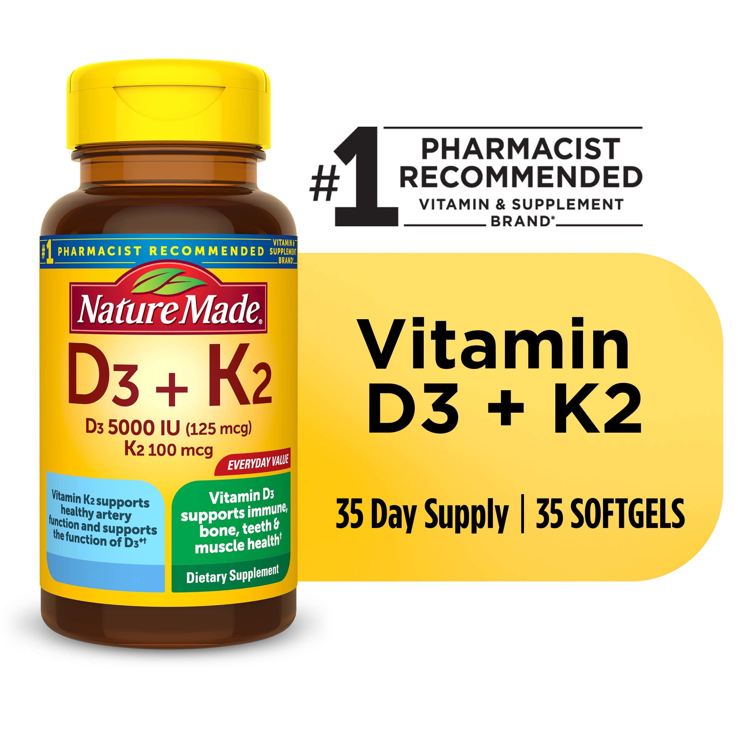 Nature Made Vitamin D3 K2 Softgels, Dietary Supplement, 35 Count ...