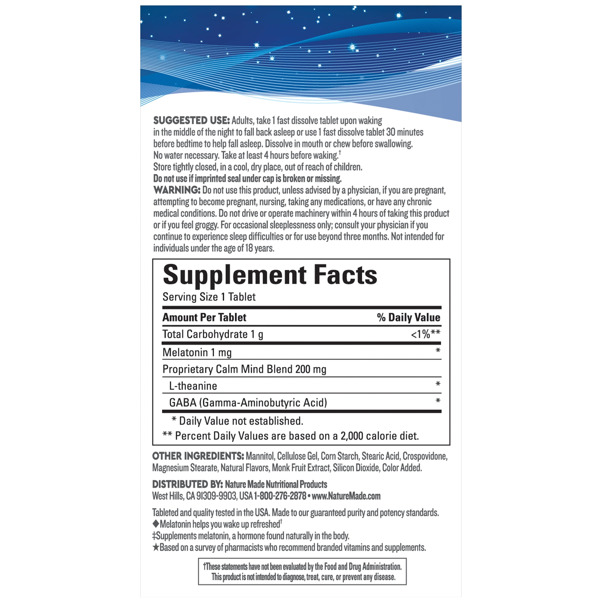 Nature Made Wellblends Sleep Aid Tablets for Adults, Calming Blend with ...