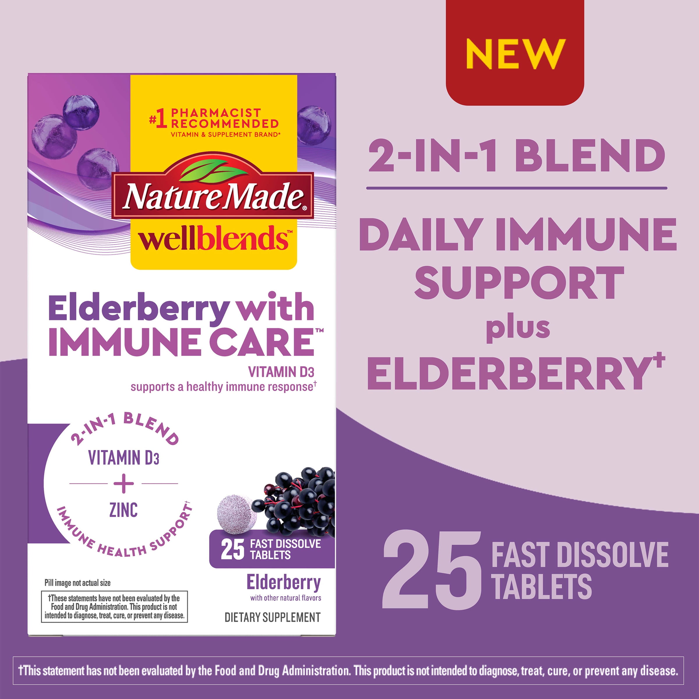 Nature Made Wellblends Elderberry Immune Care Fast Dissolve Tablets, Immune Support Supplement, 25 Count
