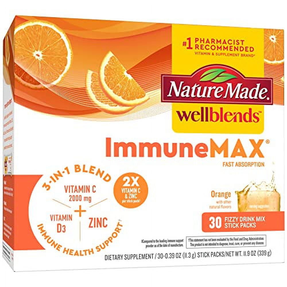 Nature Made Wellblends ImmuneMAX Fizzy Drink Mix, Vitamin C 2000mg with Zinc 20 mg, Vitamin D3