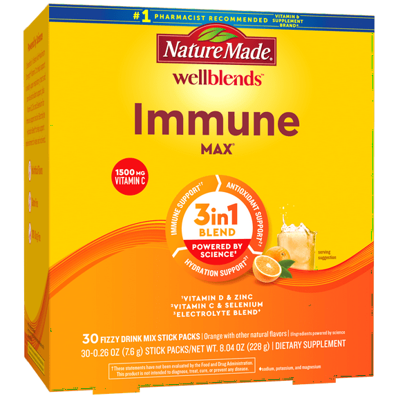 Nature Made Wellblends ImmuneMAX Fizzy Drink Mix, Vitamin C 2000mg with Zinc 20 mg, Vitamin D3 1000 IU (25 mcg), plus Seven B Vitamins and Electrolyte Hydration Blend, 30 Stick Packs