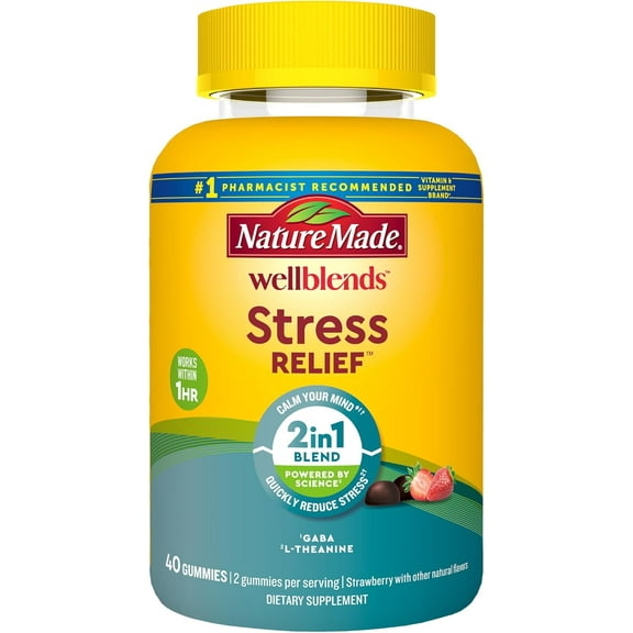 Nature Made Wellblends Stress Relief Gummies, L-theanine to help reduce stress, with GABA, Same Day Stress Support, 40 Strawberry Flavor Gummies