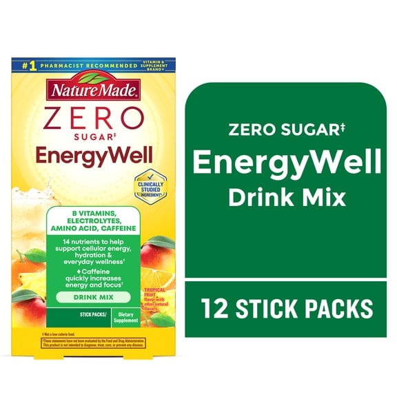 Nature Made Zero Sugar EnergyWell Drink Mix Packets for Energy & Hydration Support, 12 Ct