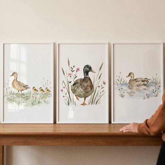 Nature Mallard Duck Wall Art Set of 3 Watercolor Nursery Decor Woodland Bird Illustration Rustic Farmhouse Duck Print Lake House Decor Set 3