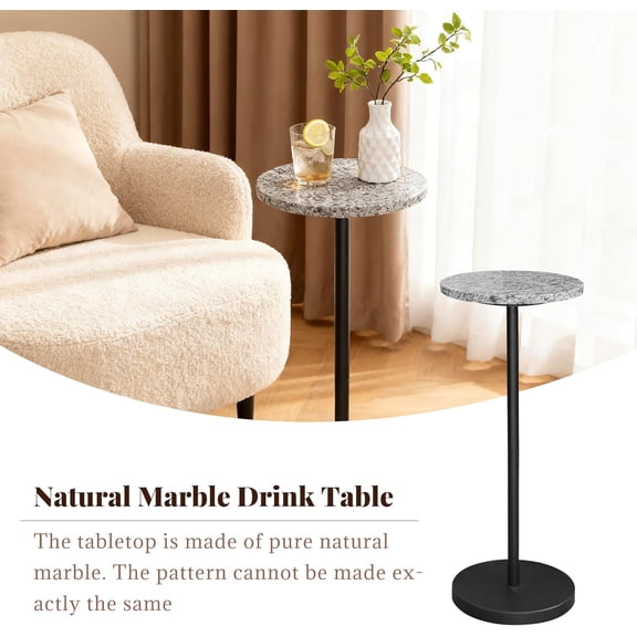 Nature Marble Drink Table, Pedestal Table, Small Round Side Table, Martini Table for Living Room, Bathroom, Small Space, Black 2$$Furniture
