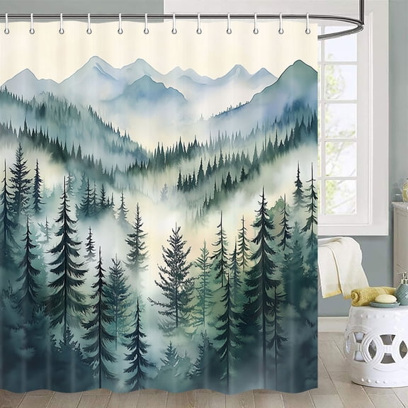 Nature Misty Forest Shower Curtain, Nature Shower Curtains for Bathroom, Rustic Woodland Pine Tree Landscape Shower Curtain Men Bath Decor, Waterproof Polyester Fabric with Hooks 70x70in, Multi2