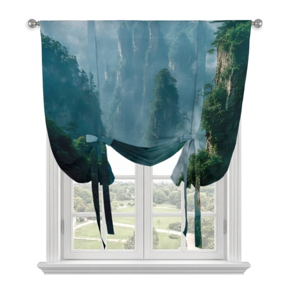Nature Misty Mountains Tie Up Curtains for Window, Thermal Insulated Balloon Shade Adjustable Rod Pocket Curtains Valance Panels for Kitchen Bathroom Cafe 52 x 63 Forest Rustic Foggy Peak