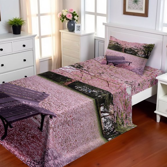 Ambesonne Nature Modern Home Fitted & Top Sheet Set with Sham, Bench Tree, Pink Purple and Green