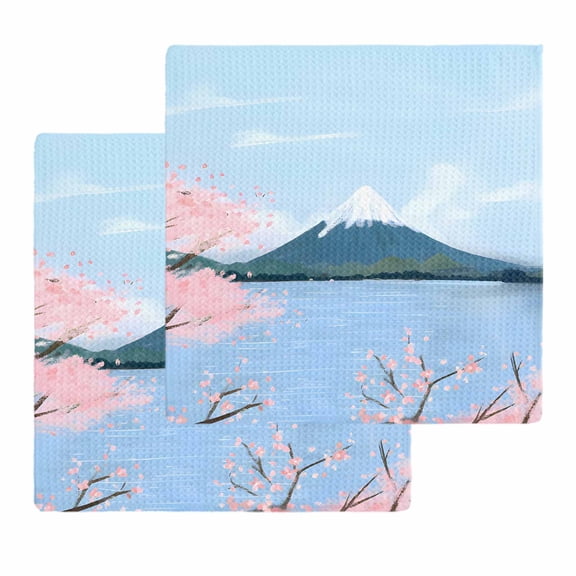 Nature Mountain Kitchen Dish Towels for Drying Dishes Set of 2, Spring Blossoms Cherry Flowers Scenery Waffle Weave Microfiber Hand Tea Bathroom Towels Quick Dry & Absorbent Towel 12x12