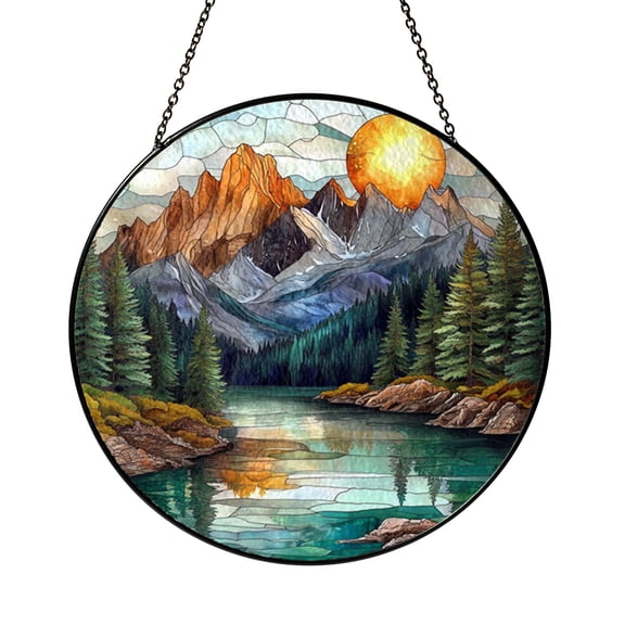 Nature Mountain Lake Stained Glass – Decorative Landscape Window Art2401