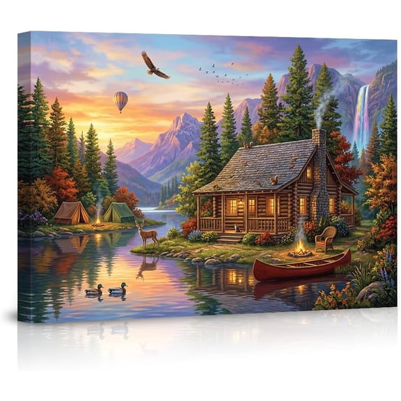 Nature Mountain Landscape Canvas Wall Art Posters Rustic Log Cabin Lake View Sunset Wildlife Scenery Painting Home Decor for Living Room Bedroom Cabin Lodge