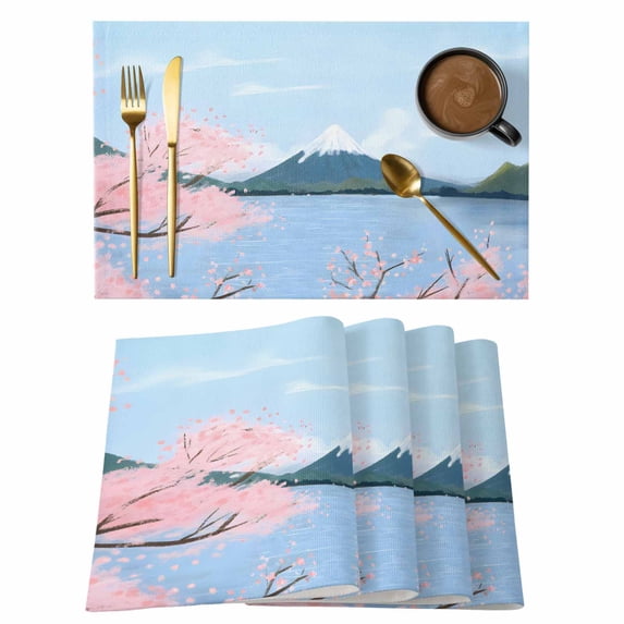 Nature Mountain Placemats Set of 8 Spring Blossoms Cherry Flowers Scenery Place Mats Indoor Wipeable Table Mats Washable Cloth Dining Table Placemats for Kitchen Holiday Party Home Decor 13x19 Inch