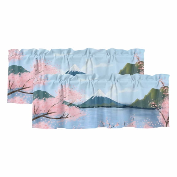 Nature Mountain Valances for Windows, Decorative Rod Pocket Window Valance Curtains, Spring Blossoms Cherry Flowers Scenery Short Curtain Drapes for Kitchen/Living Room, 2 Panels, 60" W x 18" L