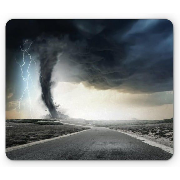 Nature Mouse Pad, Black Tornado Funnel Gas and Thunder Rolling on The Road Fume Disaster Monochrome Print, Rectangle Non-Slip Rubber Mousepad, Standard Size, Grey