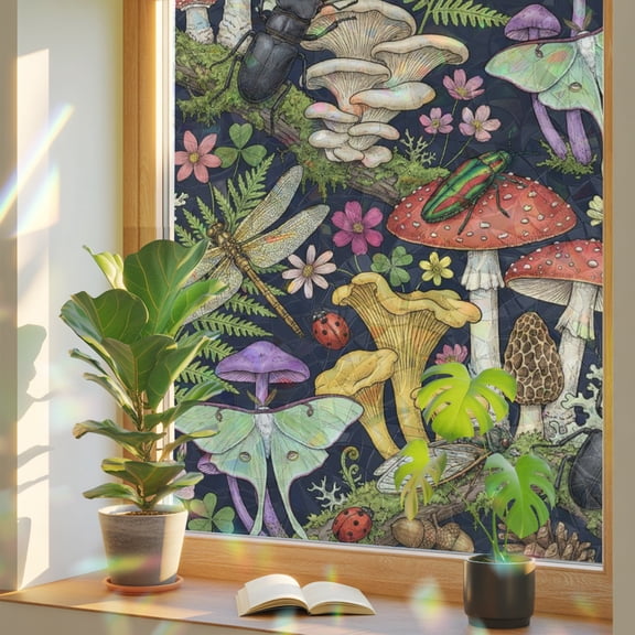 Nature Mushroom Window Privacy Film Rainbow Static Cling Stain Glass Window Film for Glass Door, Decorative Sunroof Decal Sticker for Car 35.4"x78.7" Botanical Watercolor Forest Branch Plant