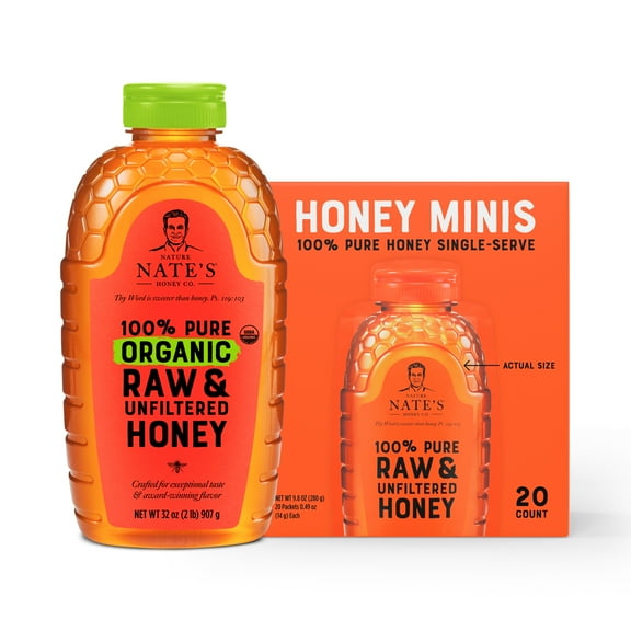 Nature Nate's Honey Minis: 100% Pure Raw and Unfiltered Honey - 20 Single Serve Packets, Gluten-Free with Nature Nates Organic Raw Honey, 32 Oz