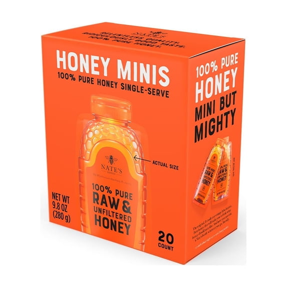 Nate's Honey Minis: 100% Pure Raw and Unfiltered Honey - 20 Single Serve Packets, Gluten-Free