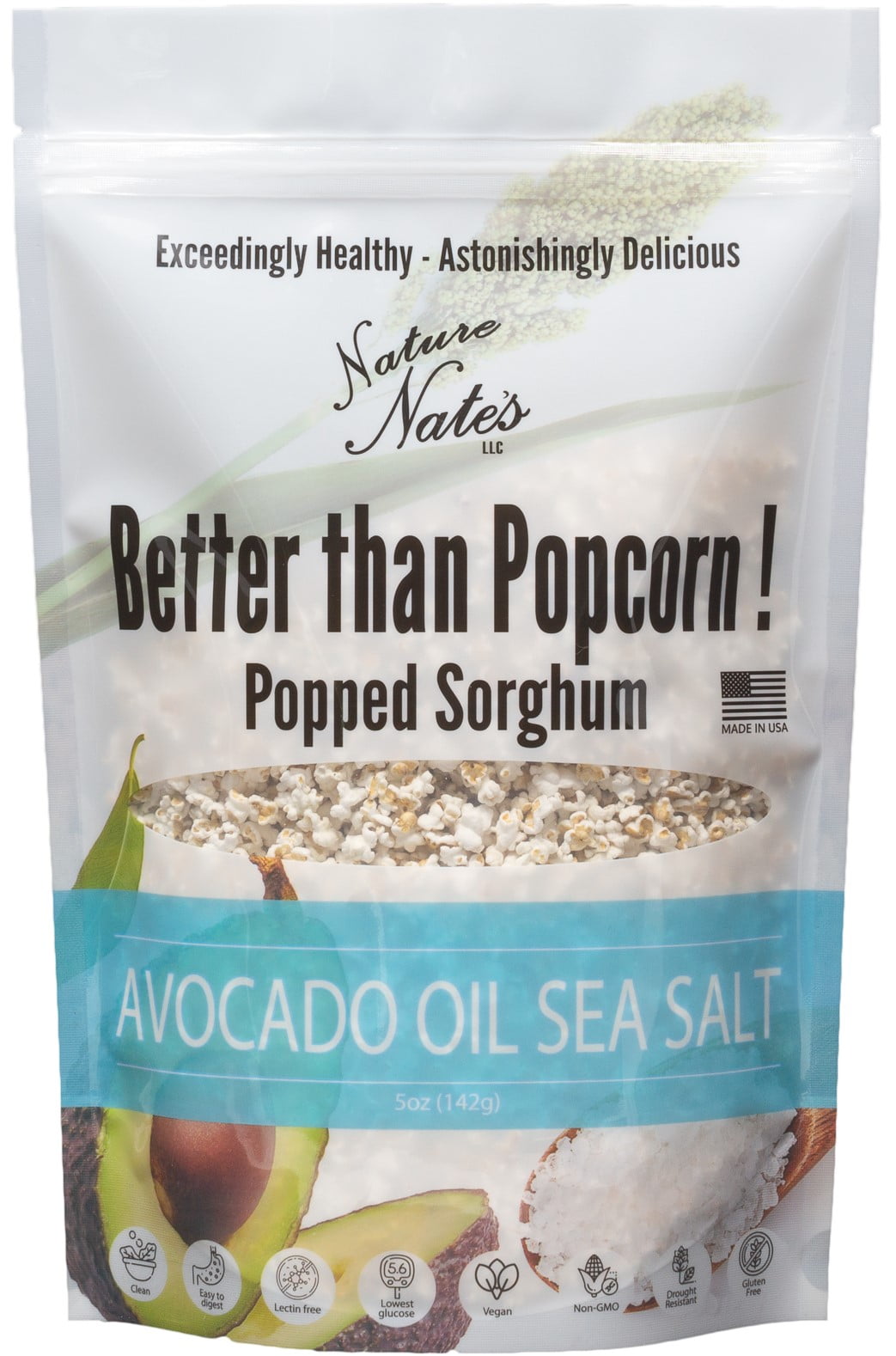 Nature Nate's LLC Popped Sorghum, Avocado and Sea Salt-Single 5 oz Bag