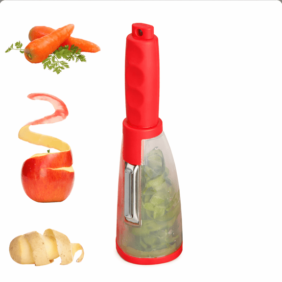 Nature+ No-Mess Modern Vegetable Peeler and Fruit Peeler with Two-Sided Stainless Steel Blade and Peel Catching Container