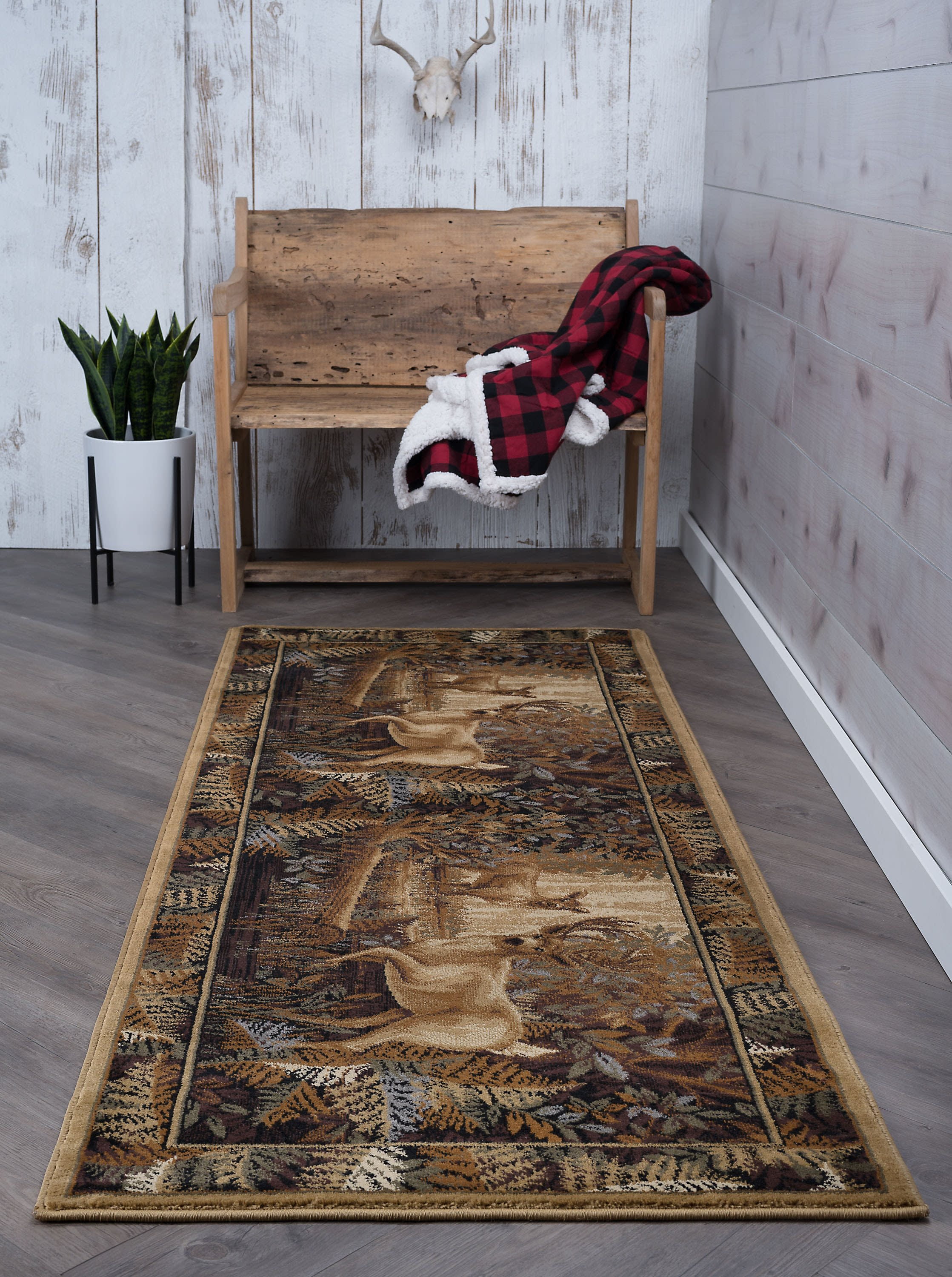 Novelty Lodge 3'x8' Rectangle Beige and Blue Polypropylene Indoor Runner Rug