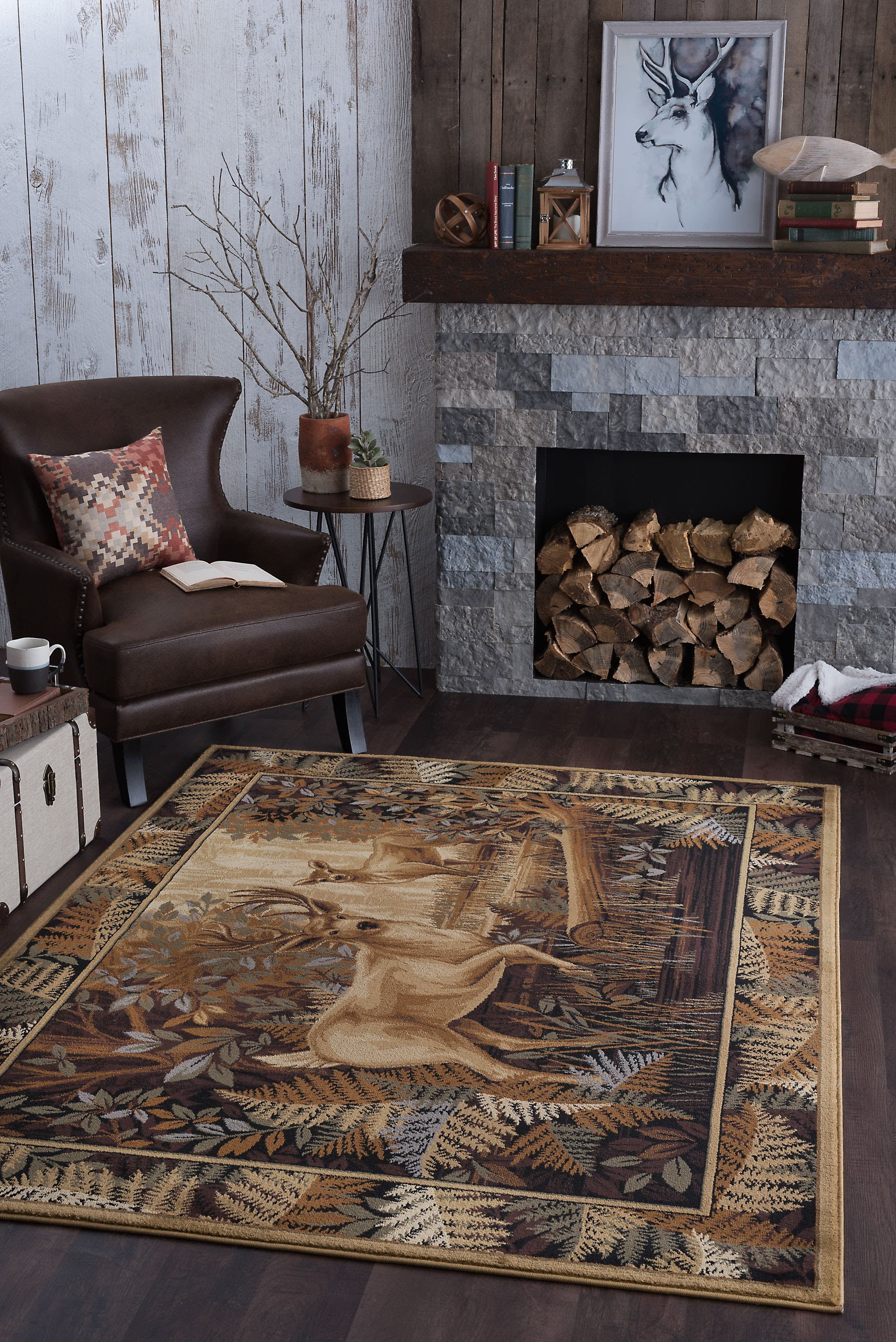 Novelty Lodge 8'x11' Rectangle Beige and Blue Polypropylene Indoor Area Rug