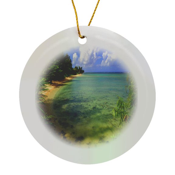3drose, Nature, Ocean Scene, Green, Blue,, Circle Porcelain Ornament